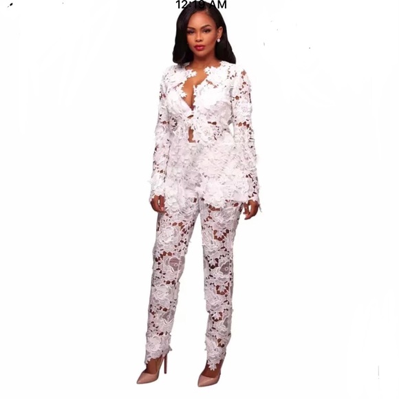 white lace trouser suit